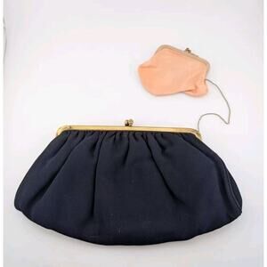 Vintage Harry Levine Clutch Purse Attached Coin Bag Navy Blue Gold Peach